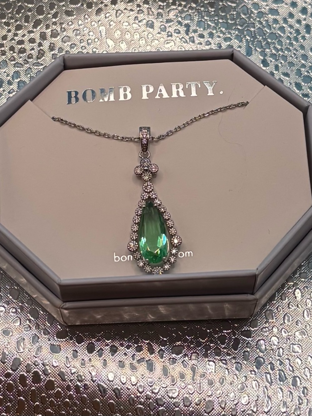Bomb Party Magical Midnight Green Pear Halo Necklace NIB